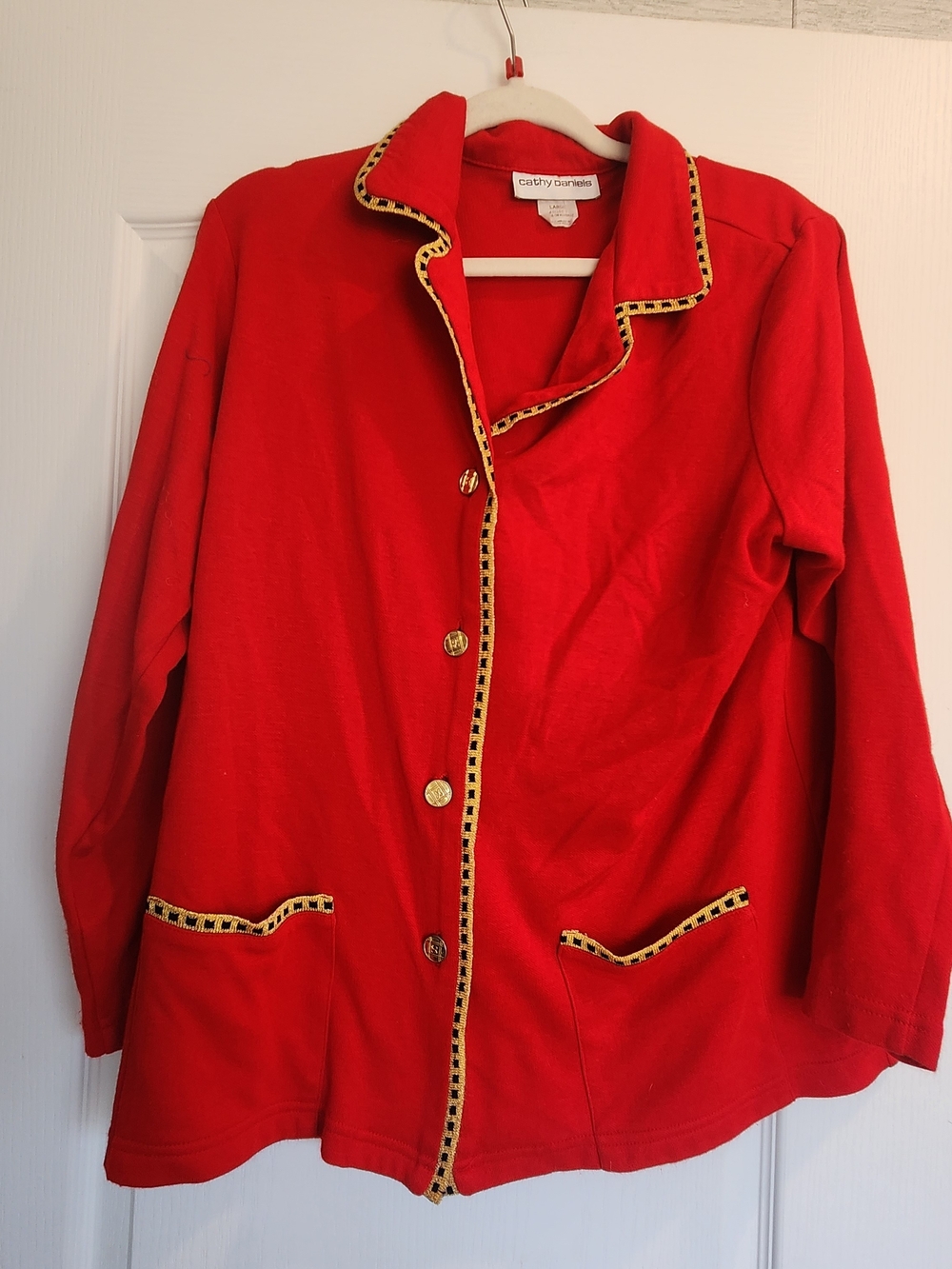 Cathy Daniels Red Jacket with Gold-Trim Piping L Euc